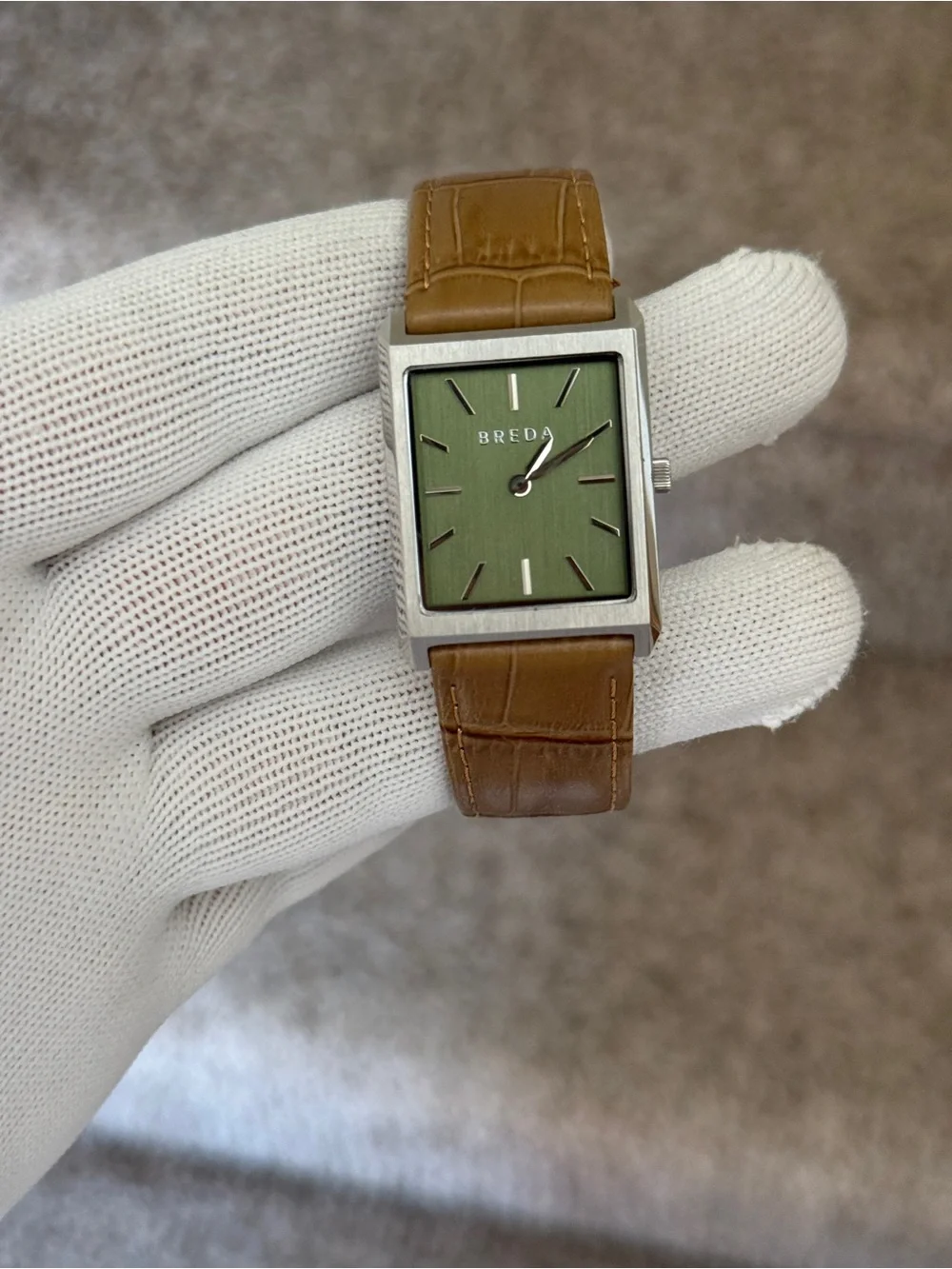 Breda Tank Watch Unisex 26mm w/ Brown Leather Band and Green Face